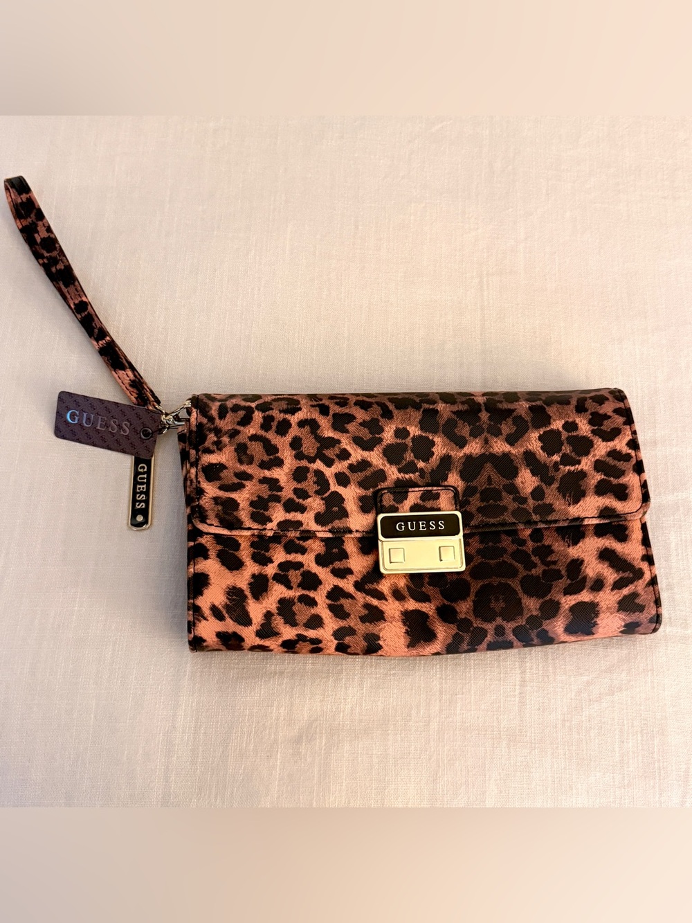 NWT GUESS Leopard Print Clutch Wristlet w/ GOLD chain